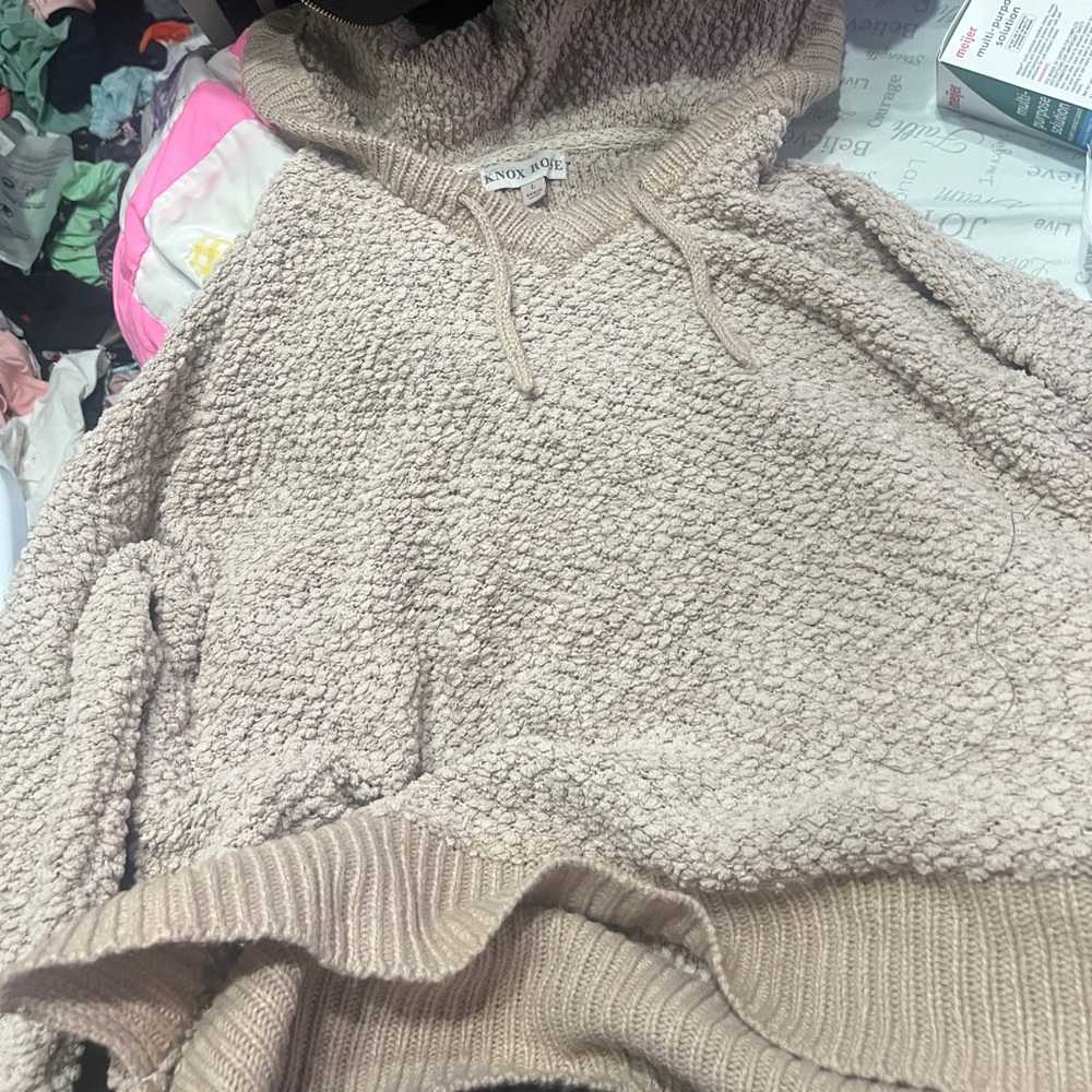 Knox Rose Beige Pebble Knit Hooded Pullover Sweatshirt Size Large